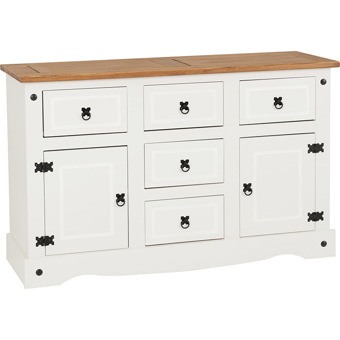 Corona 2 Door 5 Drawer Sideboard White & Distressed Waxed Pine